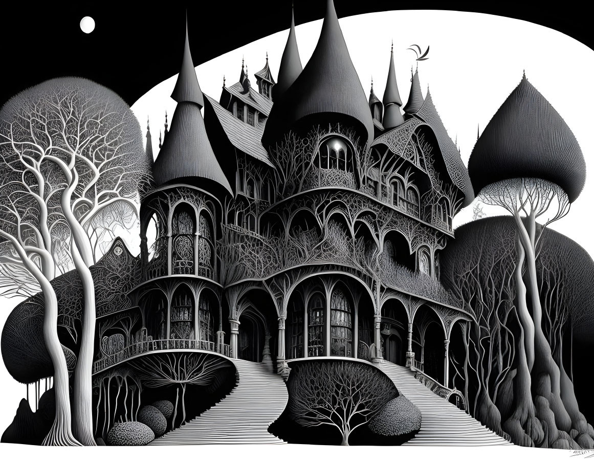 Detailed Monochrome Illustration of Fantastical Victorian Mansion and Whimsical Trees