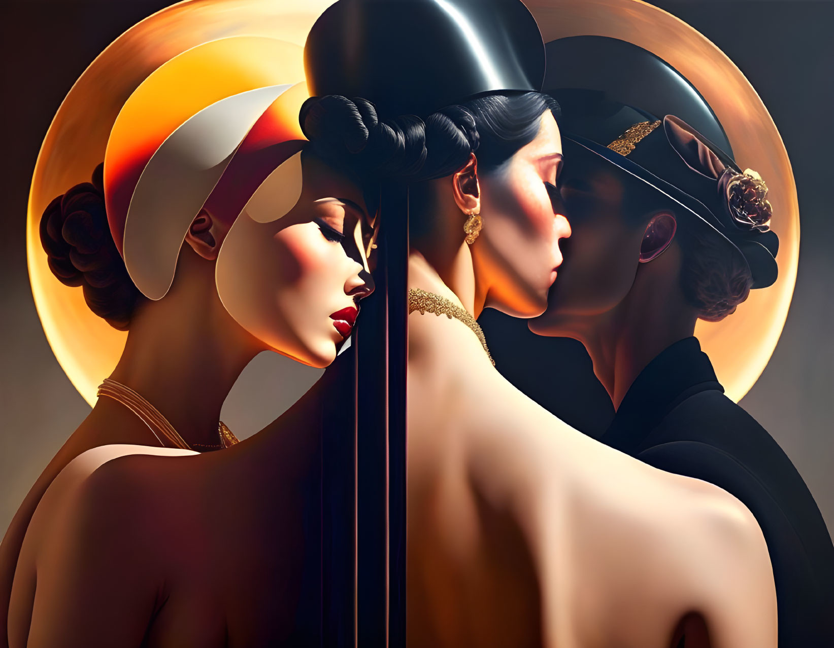 Stylized illustration of elegant couples in profile against golden halo background