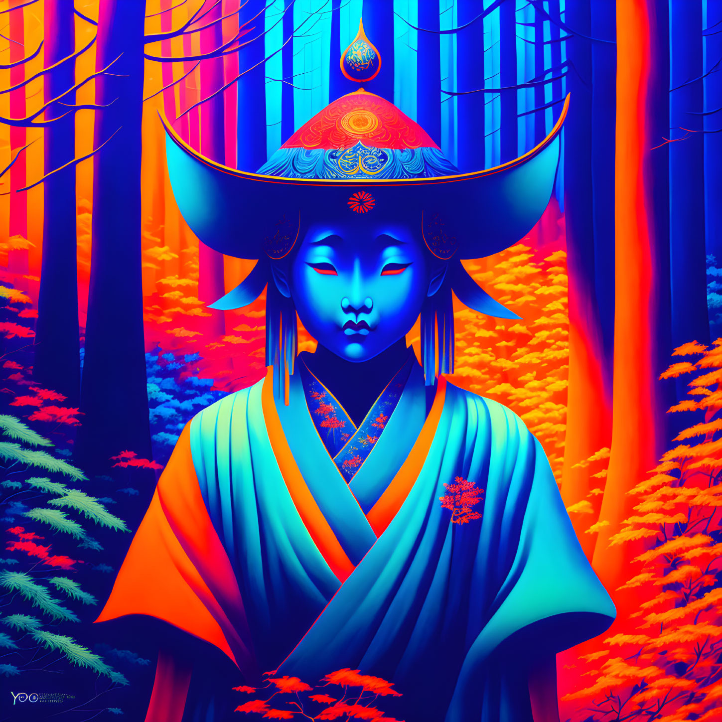 Illustration of mystical figure with blue skin in neon forest