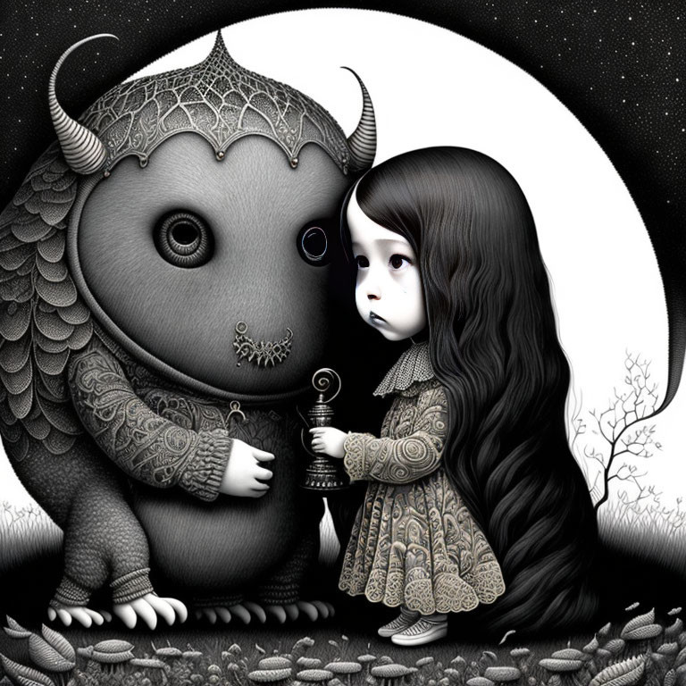 Girl with long hair beside fantastical creature under night sky with intricate black and white detailing