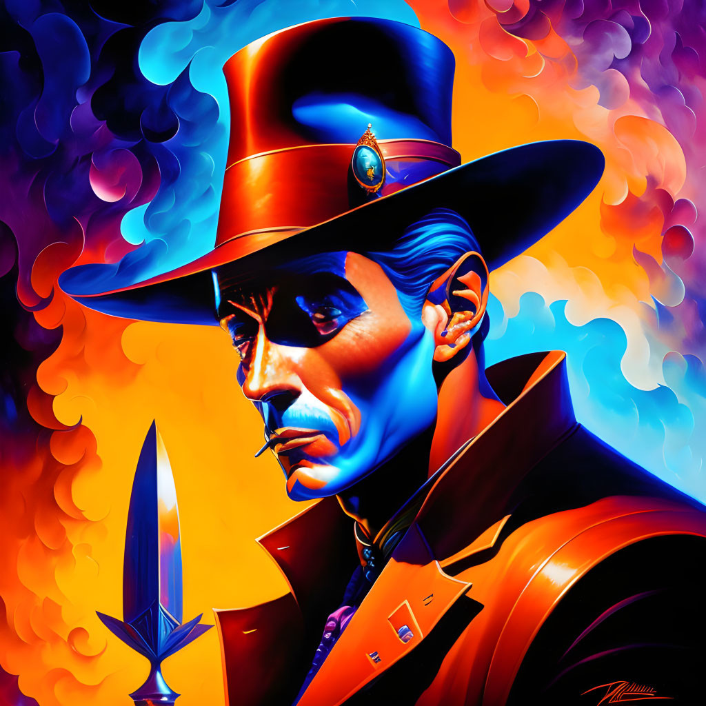 Character illustration with top hat, jewel, and dagger on vibrant background