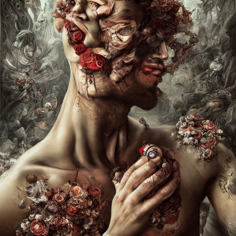 Surreal portrait with fragmented faces and floral elements