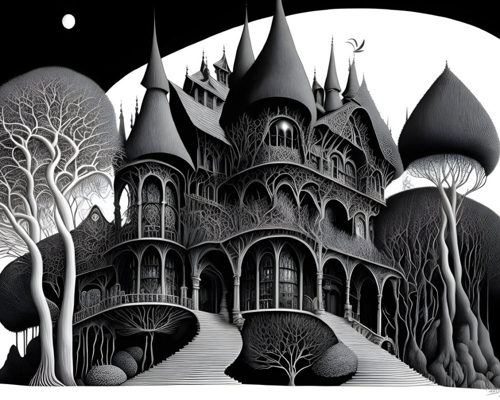 Detailed Monochrome Illustration of Fantastical Victorian Mansion and Whimsical Trees