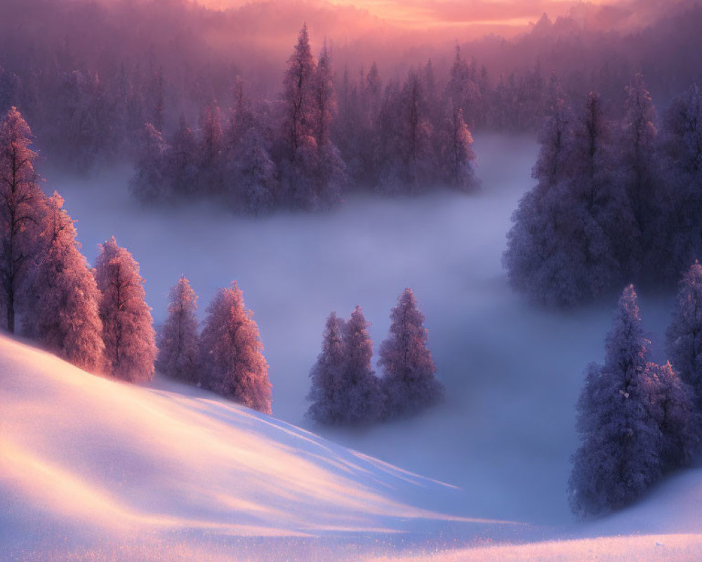 Snow-covered hills and misty trees in serene winter sunrise scene
