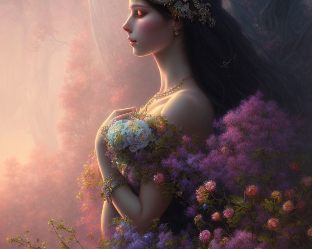 Fantasy illustration of woman with black hair and jeweled headpiece among blooming flowers