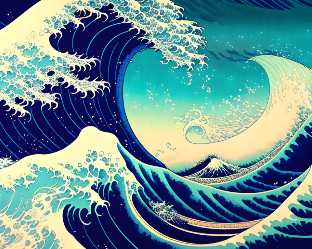 Detailed Stylized Illustration of Large Wave with Intricate Patterns and Foam