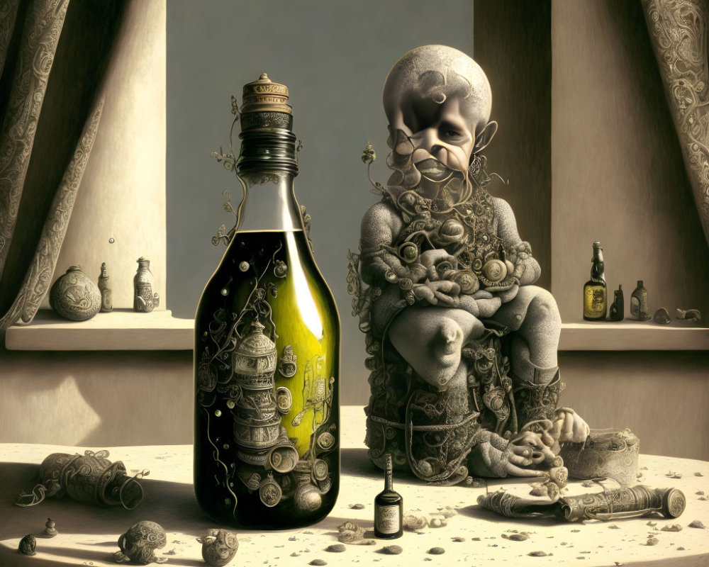 Surreal artwork: Baby with mechanical parts, olive oil bottle, small objects, and windows