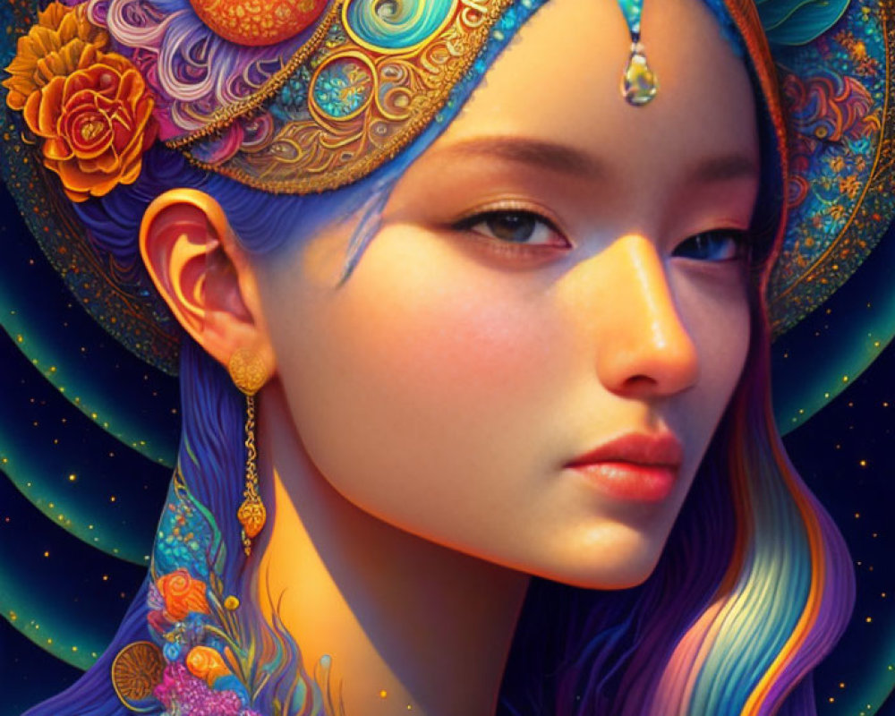 Colorful portrait of woman with gold headwear and cosmic background
