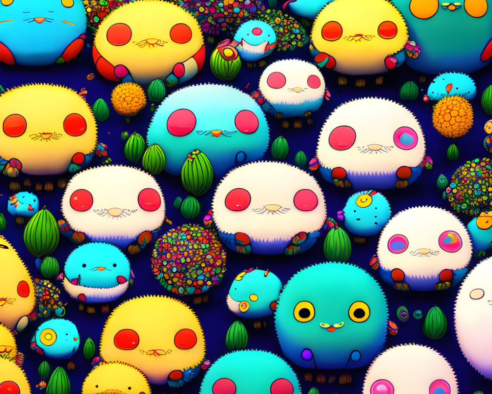 Vibrant kawaii-style characters with diverse expressions, patterns, and textures among cacti and
