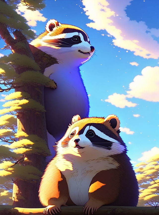Animated raccoons near tree with bright sky and sunlight