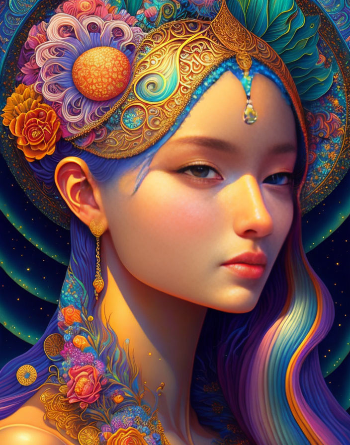 Colorful portrait of woman with gold headwear and cosmic background