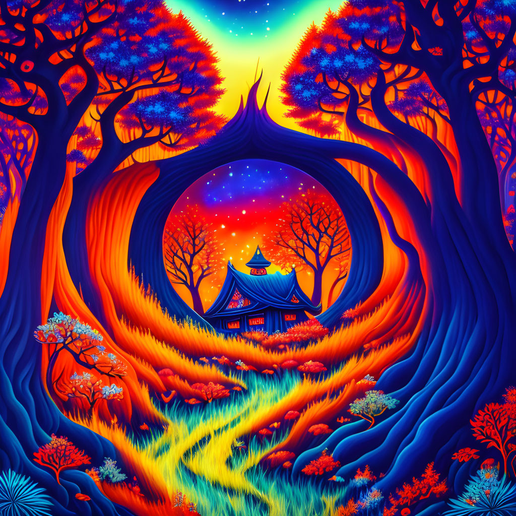 Colorful illustration of mystical forest with path to blue pagoda surrounded by orange foliage and starry sky