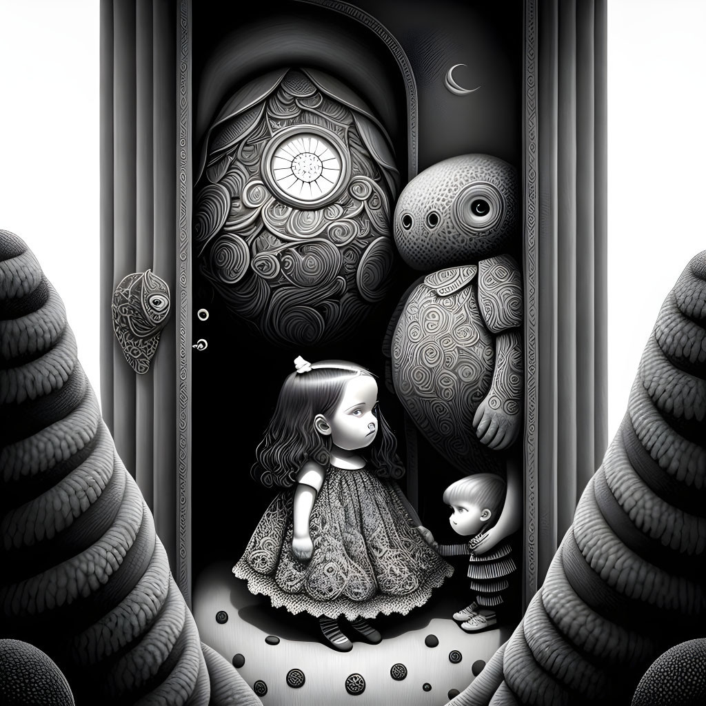 Monochrome surreal illustration of girl and boy with intricate owls in moonlit setting