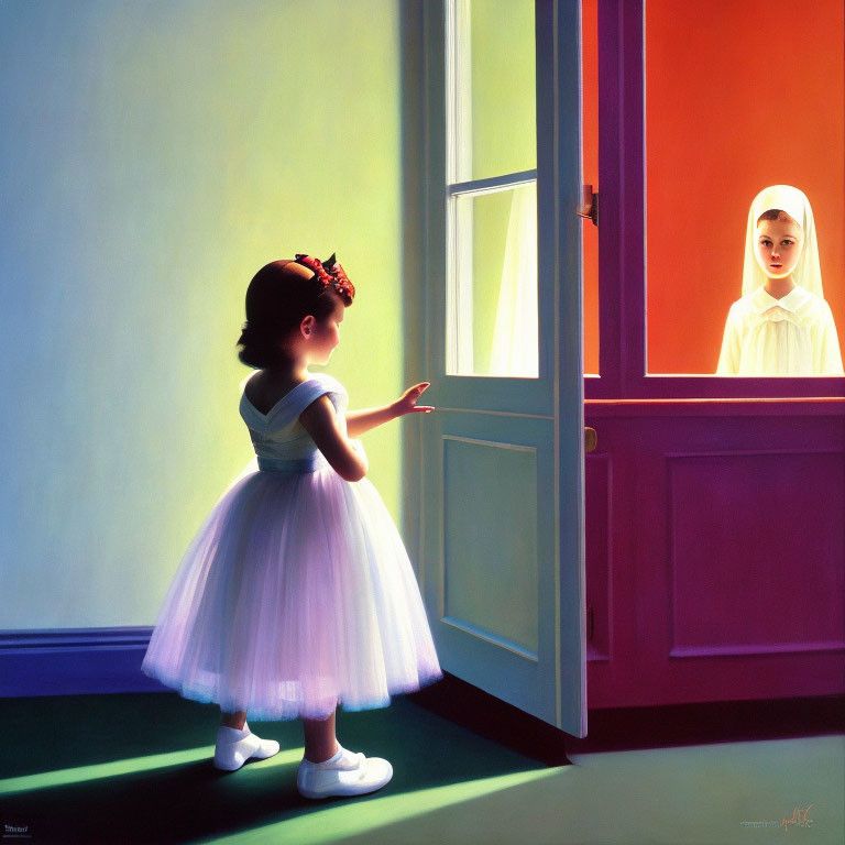 Young girl in white dress reaches for colorful door with nun in warm light