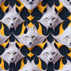 Geometric feline faces pattern in silver and gold on black background