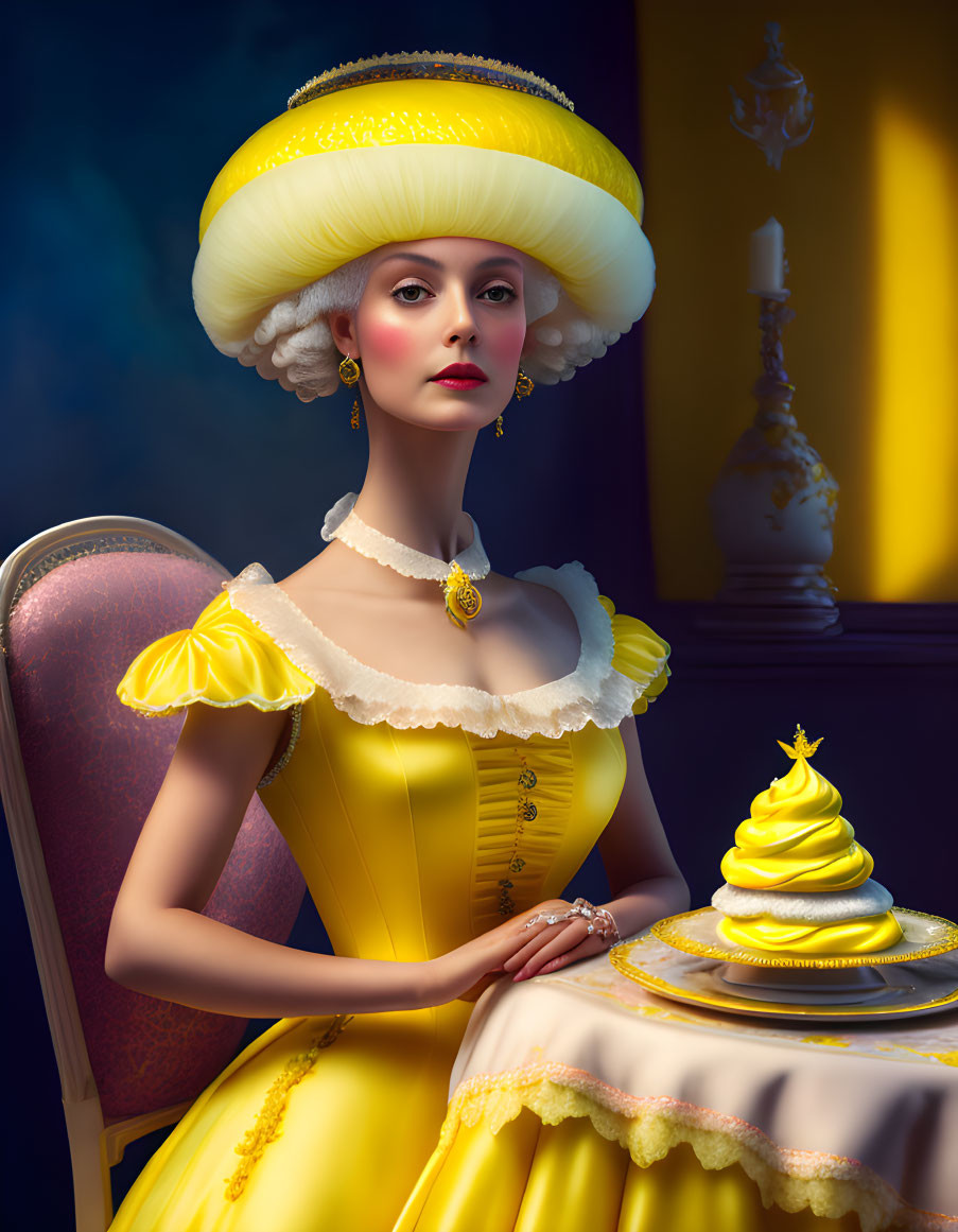 Stylized woman in yellow period dress with matching hat and cake on table