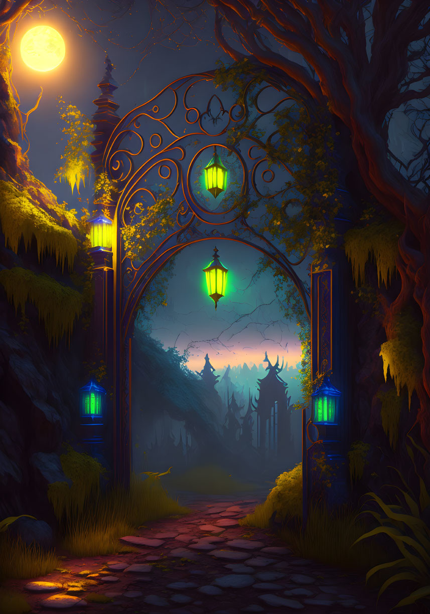 Ornate gate leading to mystical forest path under full moon