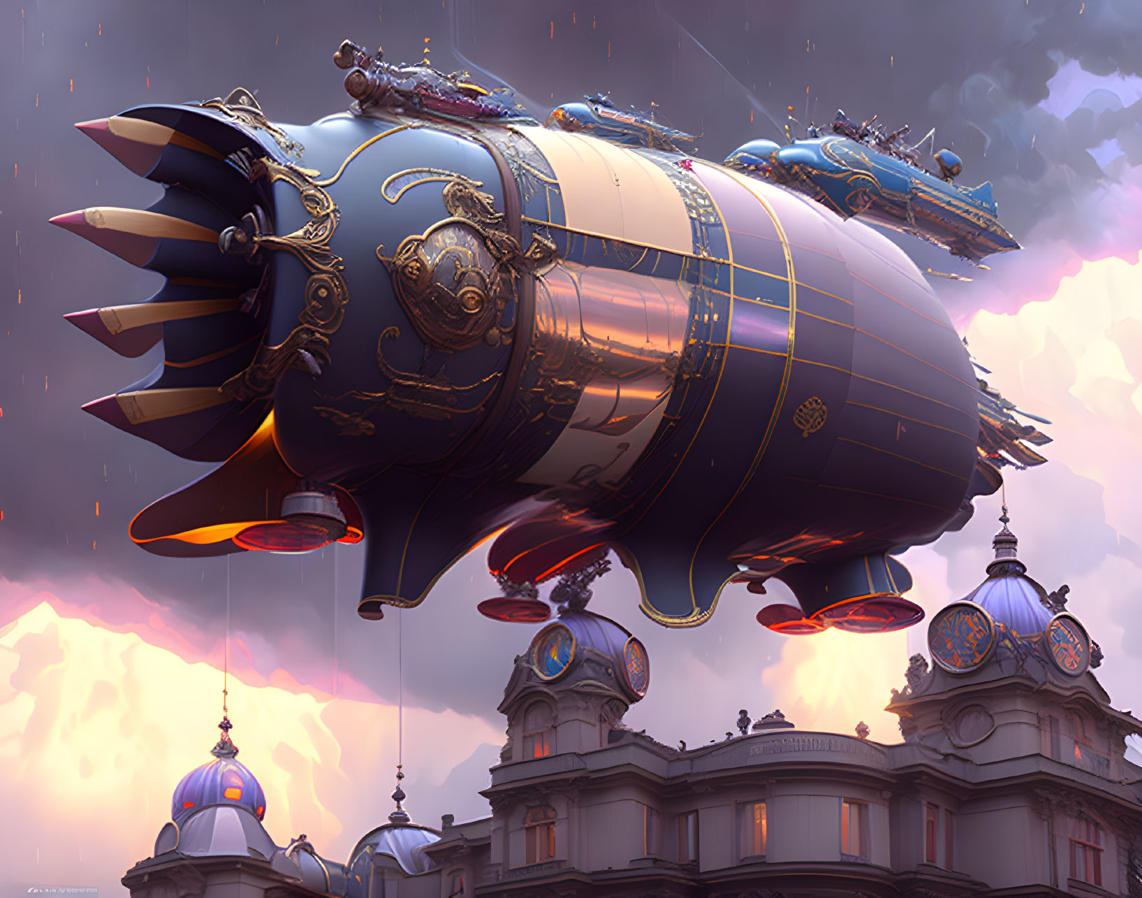 Steampunk airship with gold detailing over classical buildings at dusk