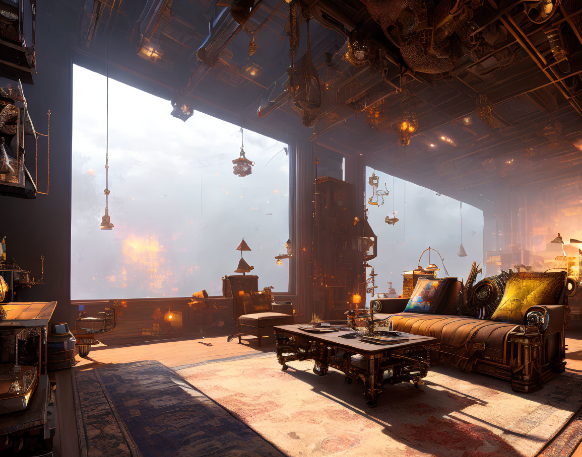 Steampunk-inspired Victorian interior with brass accents and fiery skyline view