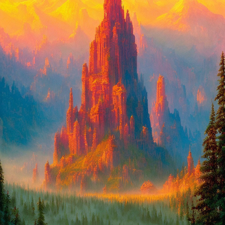 Sunlit rocky spires tower over misty forest in warm, glowing landscape