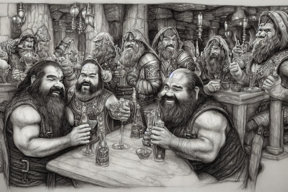 Fantasy tavern scene with dwarves toasting ale in sketch