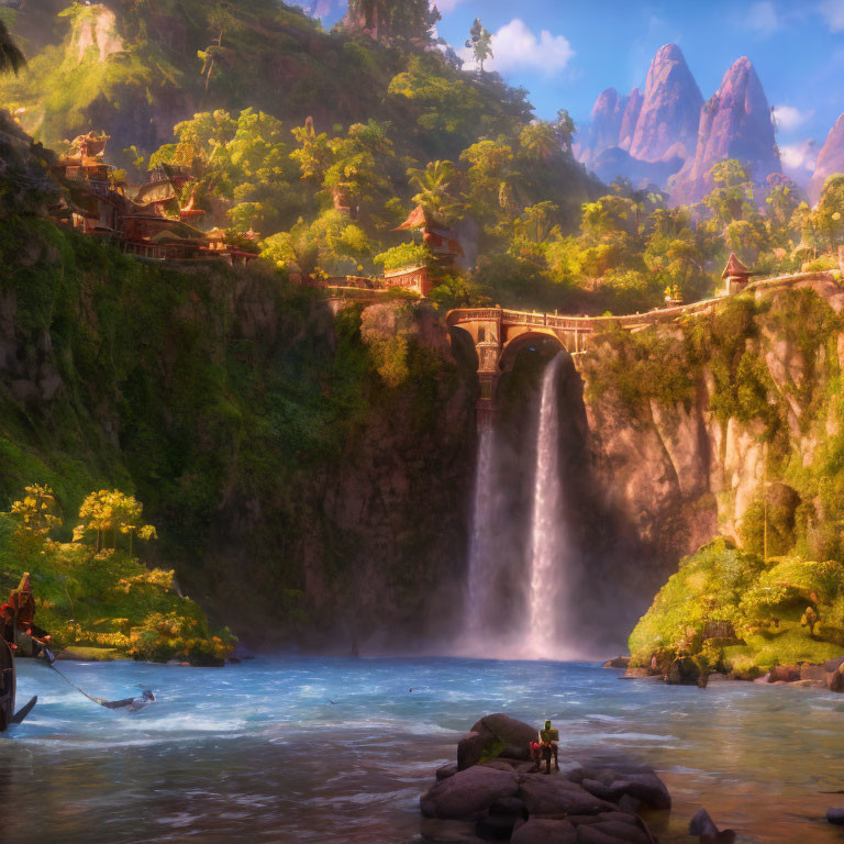 Majestic waterfall and bridge in vibrant fantasy landscape