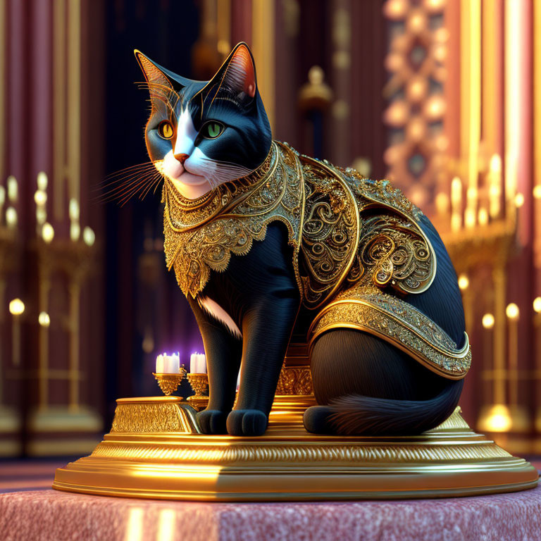 Regal Black and White Cat with Golden Mantle on Grand Pedestal