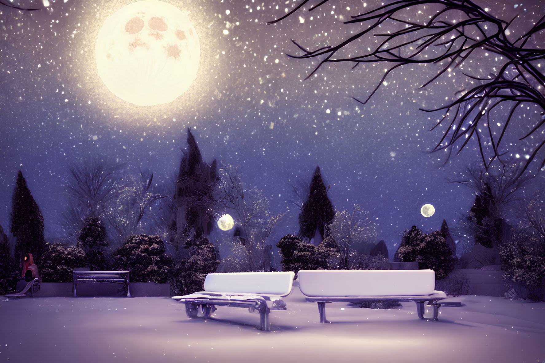 Snowy Park at Night: Two Benches, Leafless Trees, Full Moon, Falling Snowfl
