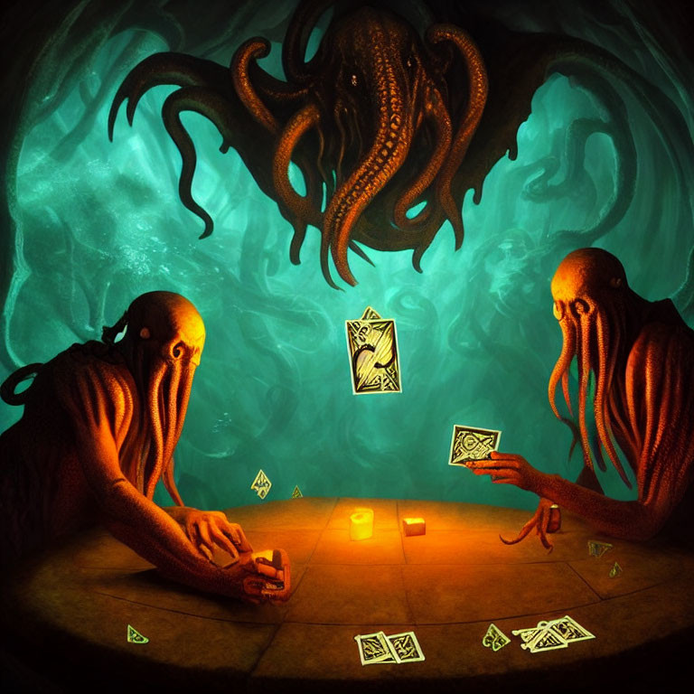 Underwater scene: Octopus-like creatures playing cards with glowing light surrounded by floating cards