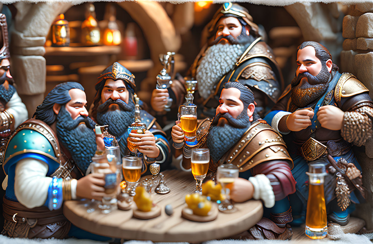 Animated dwarves feasting in tavern with warm, rustic backdrop
