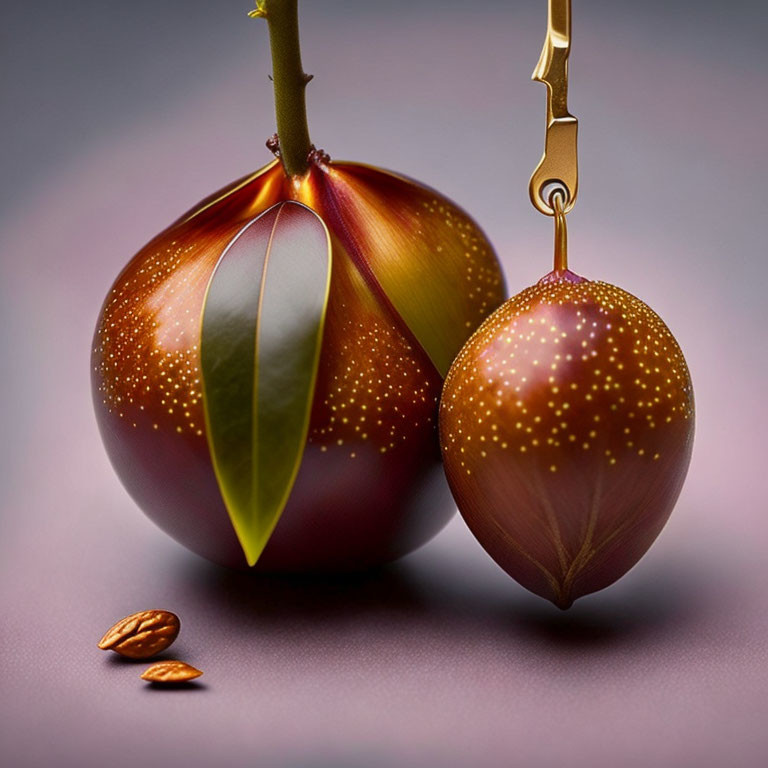 Hyper-realistic chocolate figs with leaf, golden paintbrush, and almonds on smooth surface