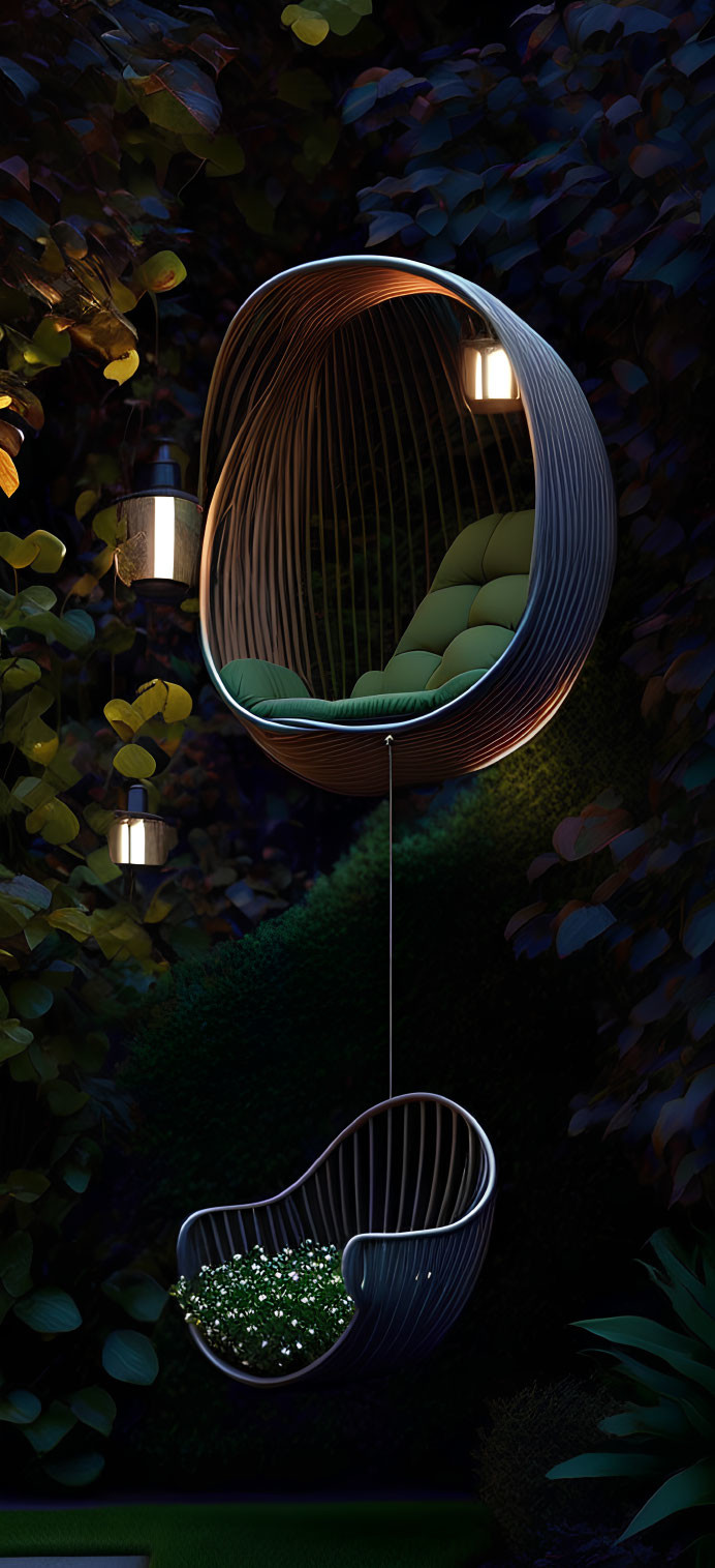 Comfortable outdoor hanging pod chair with cushions in lush greenery at night