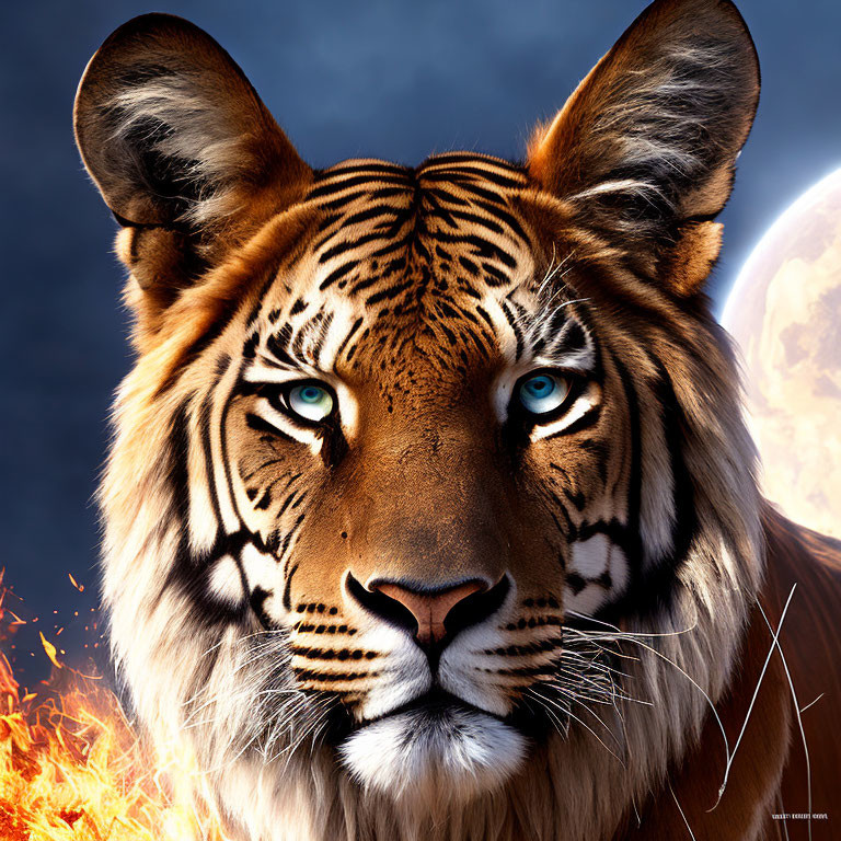 Digital artwork: Tiger with blue eyes, fiery foreground, moonlit sky