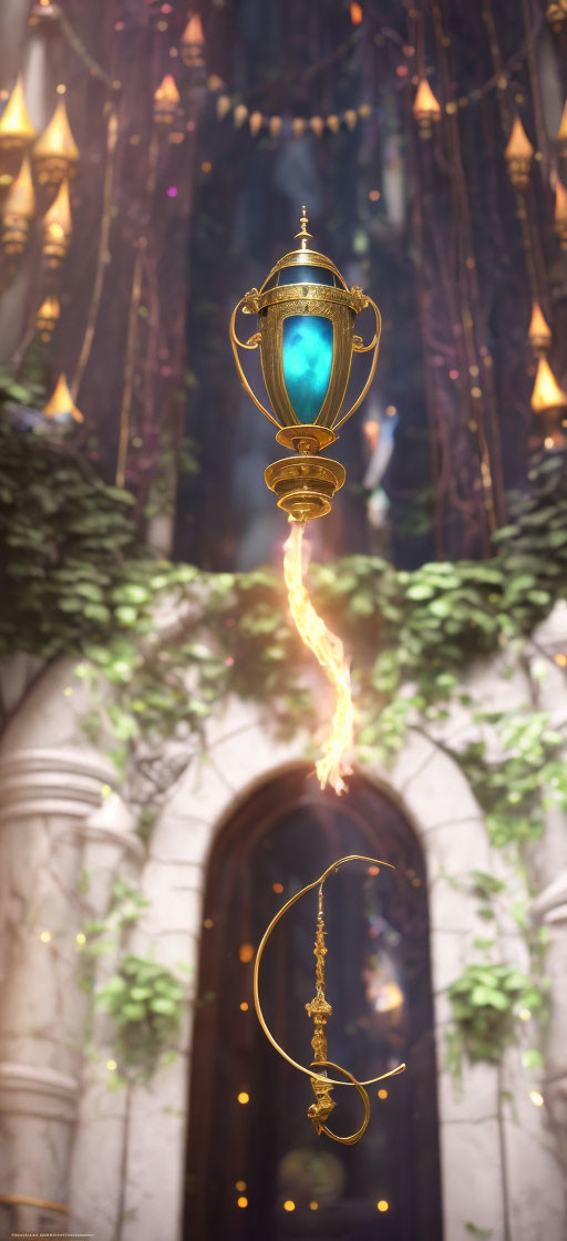 Golden trophy and blue gem above elegant scepter in stone archway setting