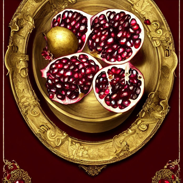 Golden tray with pomegranate and seeds on red backdrop