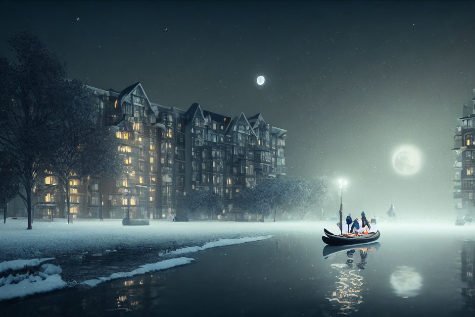 Snow-covered night scene with illuminated buildings, moon, boat, and trees