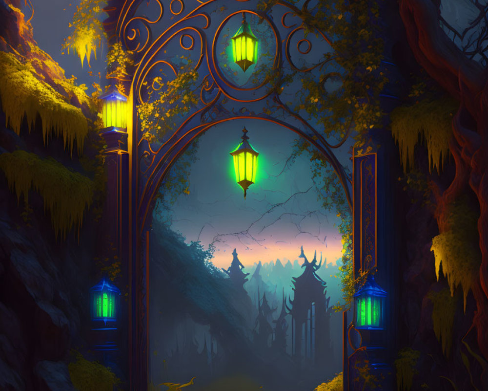 Ornate gate leading to mystical forest path under full moon