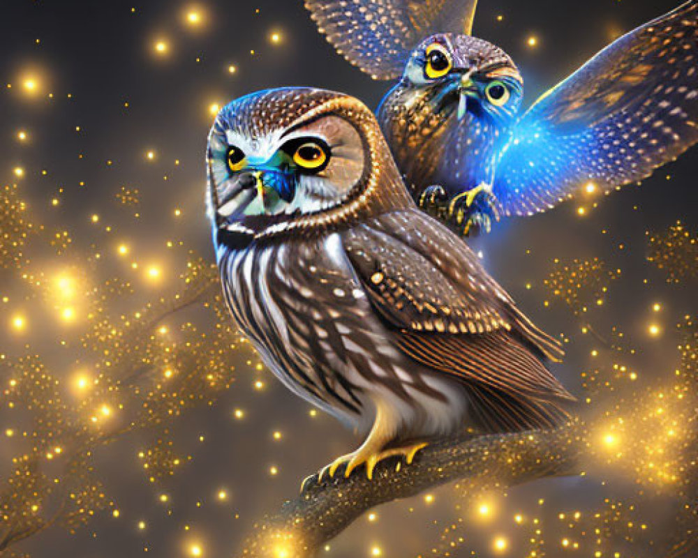 Stylized vivid owls in flight against starry background.