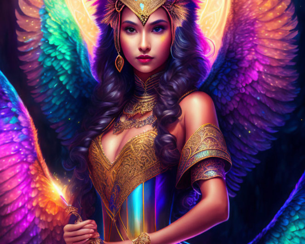 Illustration of woman with rainbow wings, golden headdress, armor, and light orb