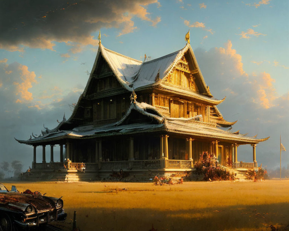 Illustration of ornate wooden temple and abandoned car in field