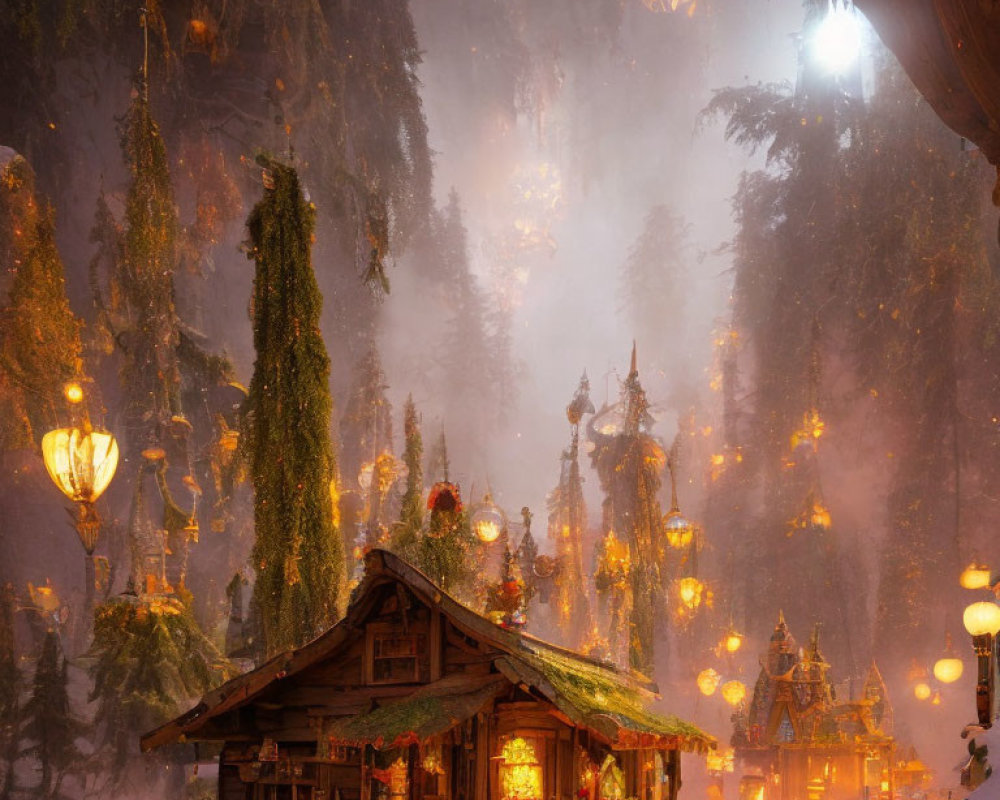 Winter Scene: Cozy Cabin, Lanterns, Ornaments, Snow-Covered Trees