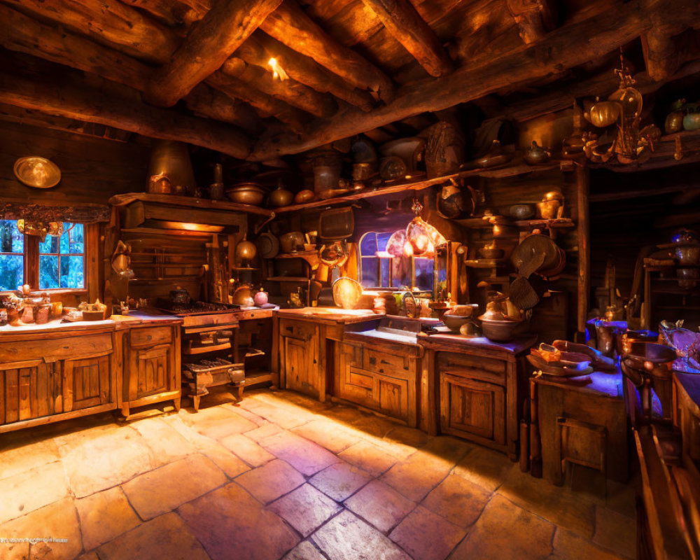 Rustic Kitchen with Wooden Cabinetry and Copper Pots