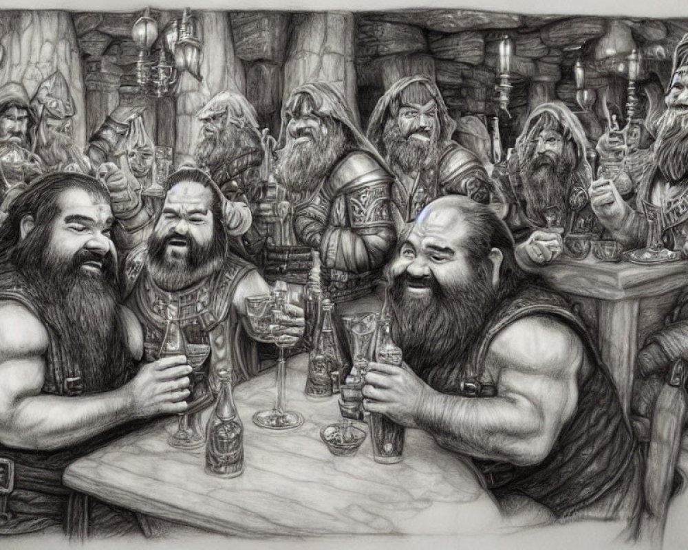 Fantasy tavern scene with dwarves toasting ale in sketch
