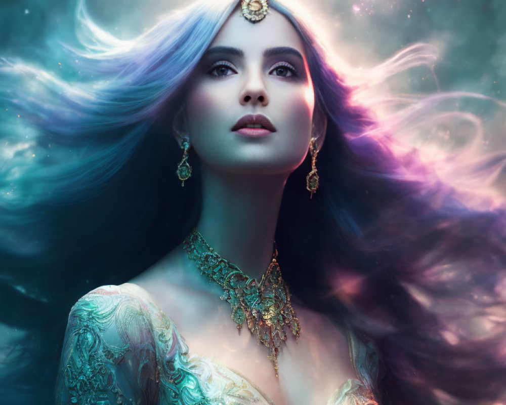 Purple-haired woman with bold makeup and gold jewelry against starry backdrop