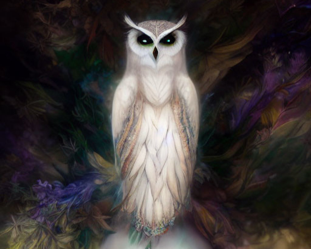 Surreal portrait of woman's face merging with owl on abstract background