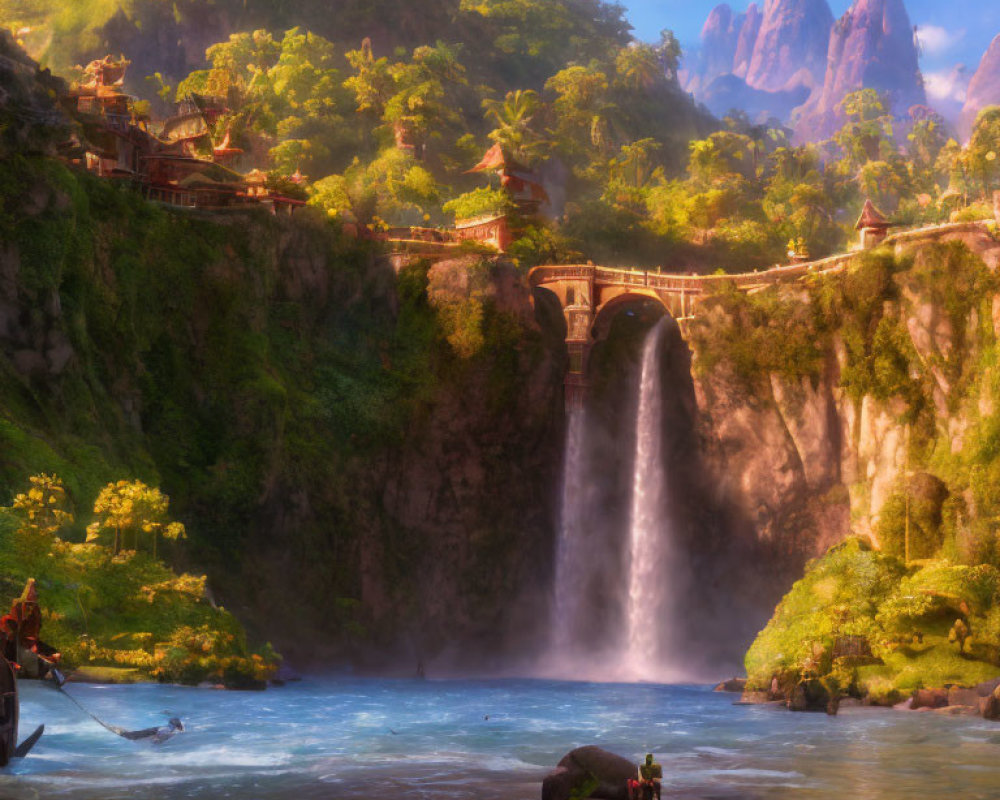 Majestic waterfall and bridge in vibrant fantasy landscape