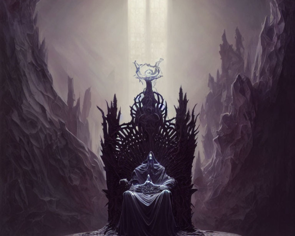 Dark-robed figure on spiky throne in dim cavernous space