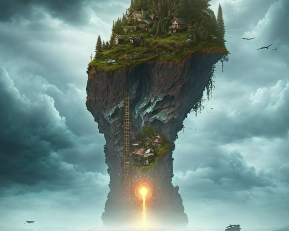 Mystical floating island with houses, waterfall, and glowing portal above stormy seas