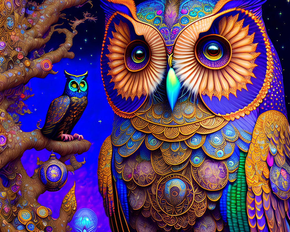 Colorful Owl Illustration Against Starry Night Sky with Whimsical Trees