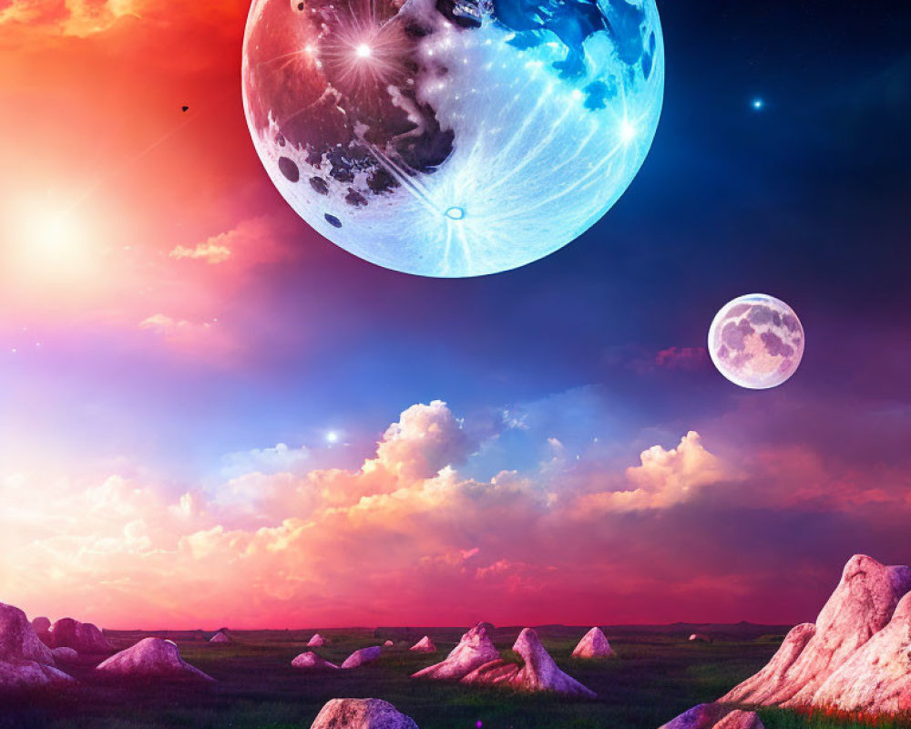 Surreal dusk landscape with blue planet, moon, rocks, and flowers